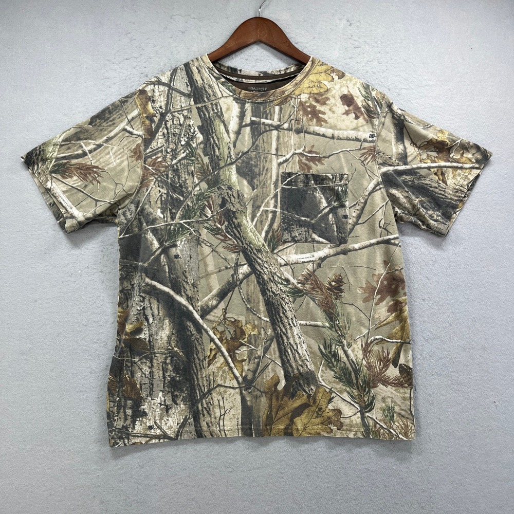 Realtree T Shirt Mens Large Brown Camo AP Pocket Tee Short Sleeve Hunting Work